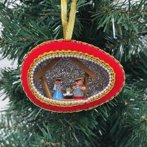 Vintage Nativity diorama ornament Red egg shaped nativity ornament